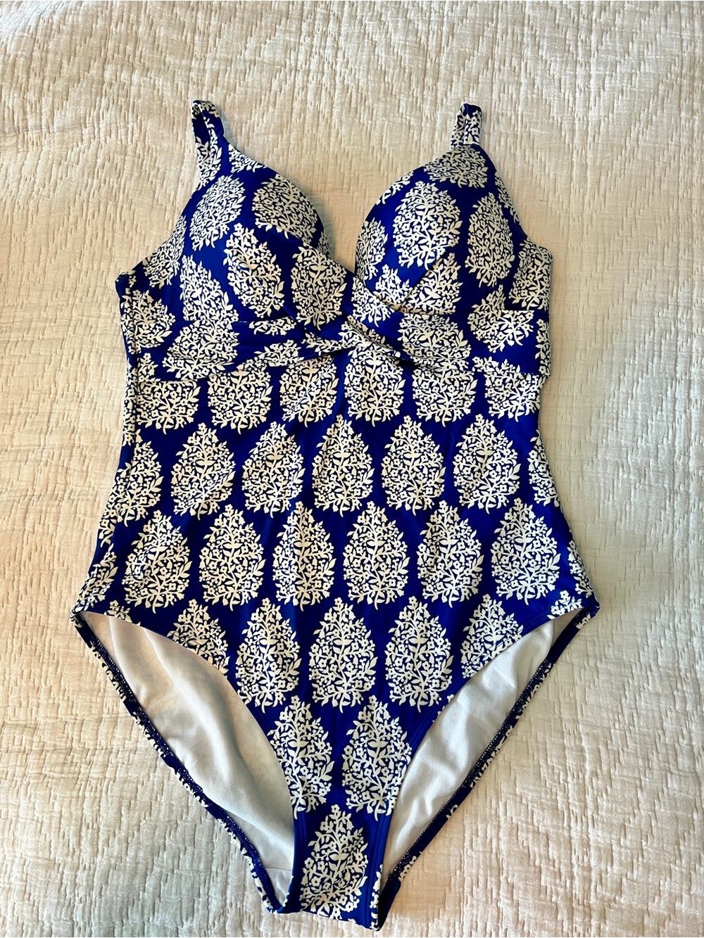 Boden Blue & White Print One-Piece Swimsuit | 38C | Underwire | Sculpting